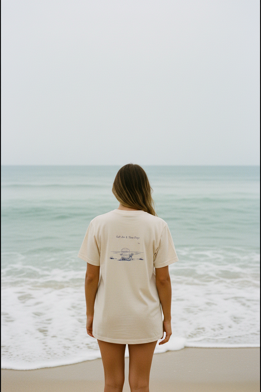 Woman wearing Salt Air & Slow Days Tee from behind, standing at the ocean's edge looking out at the water