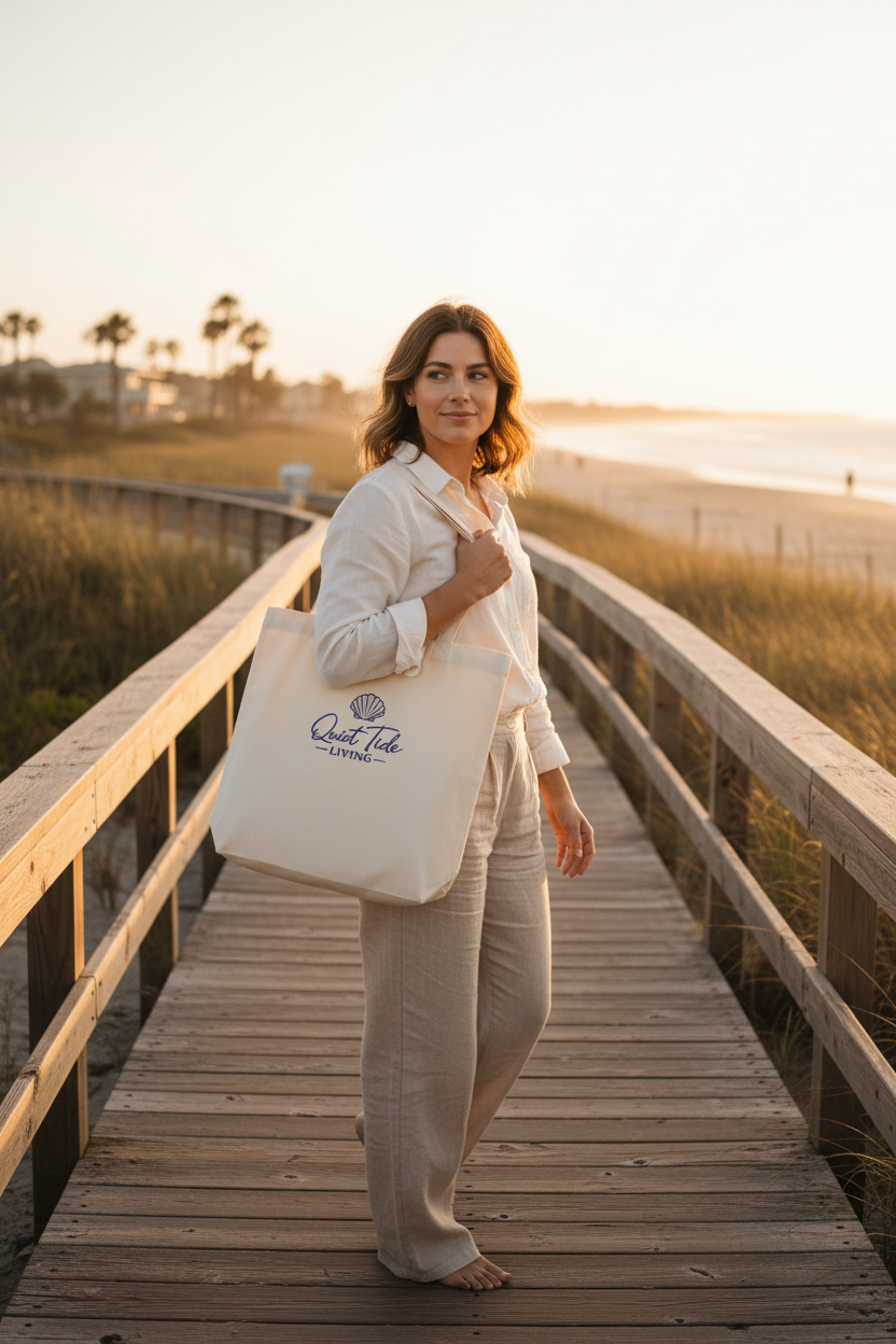 Quiet Tide Embroidered Canvas Tote - walking coastal boardwalk lifestyle shot