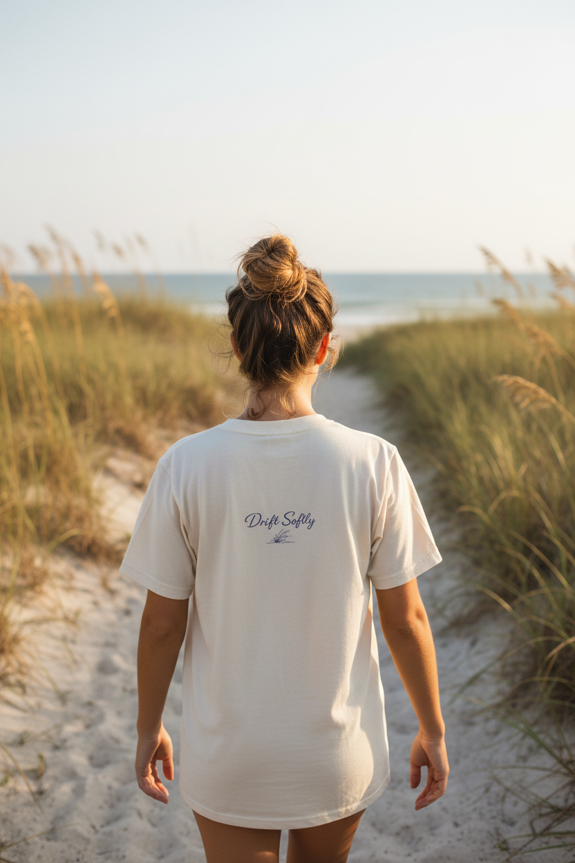 Drift Softly Tee back graphic - walking beach path through sea oats
