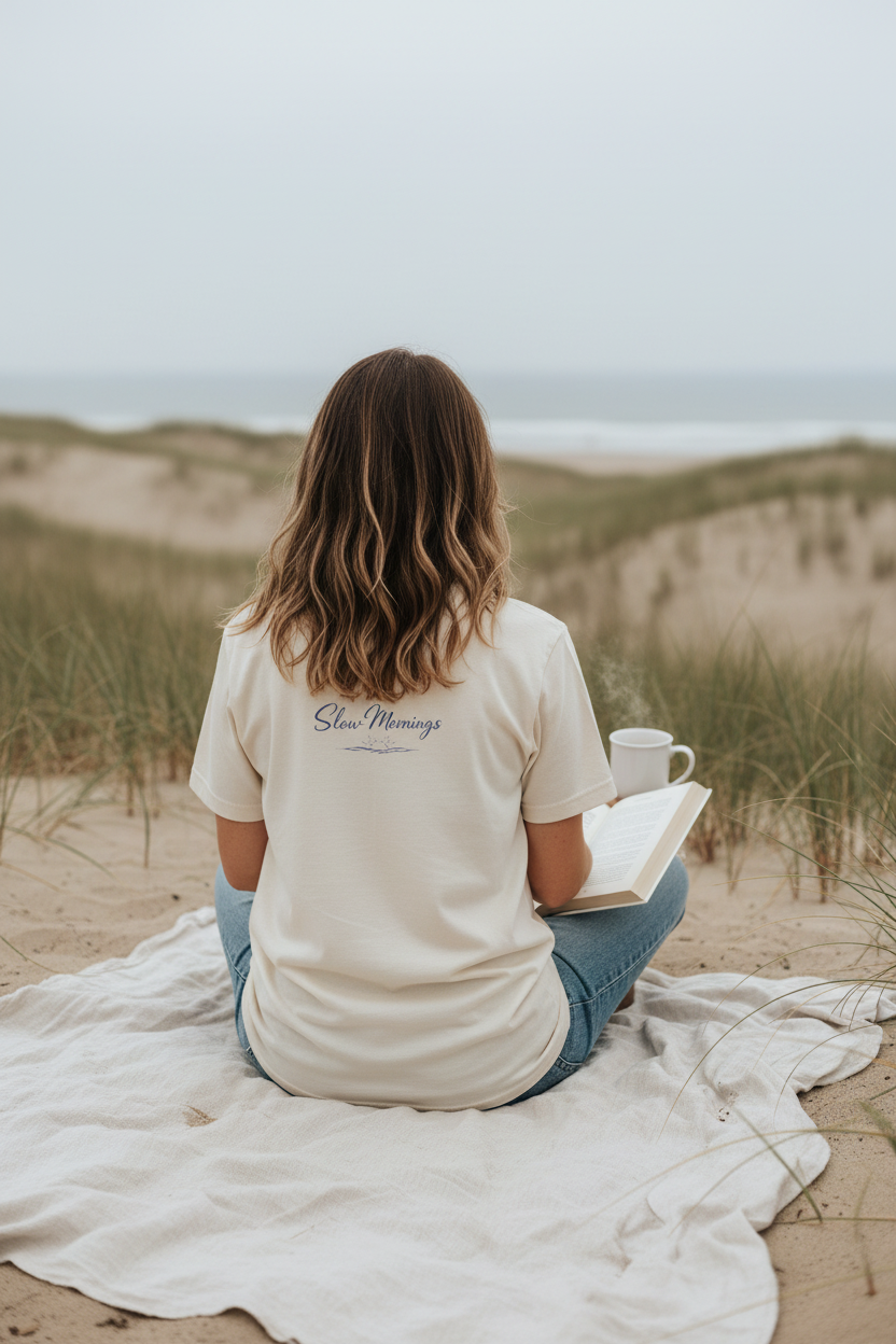 Slow Mornings Tee back graphic - linen blanket in the dunes lifestyle shot