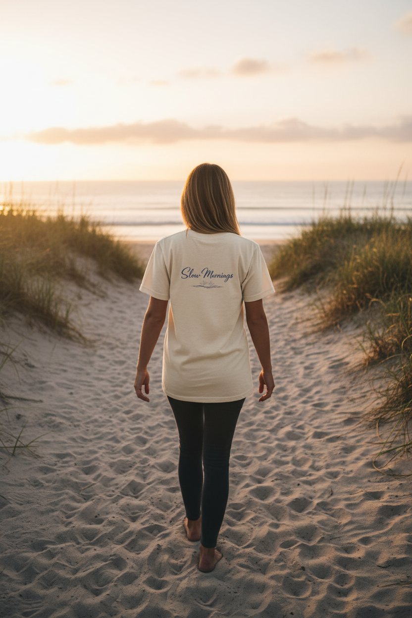 Slow Mornings Tee back graphic - walking beach path at sunrise lifestyle shot
