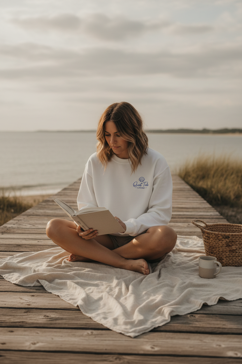 Quiet Tide Embroidered Logo Crewneck - reading on a dock lifestyle shot