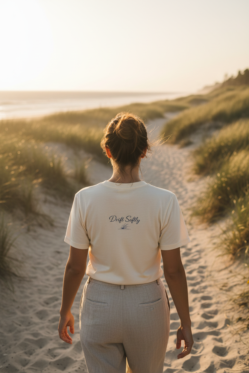 Drift Softly Tee back graphic - coastal dunes at golden hour