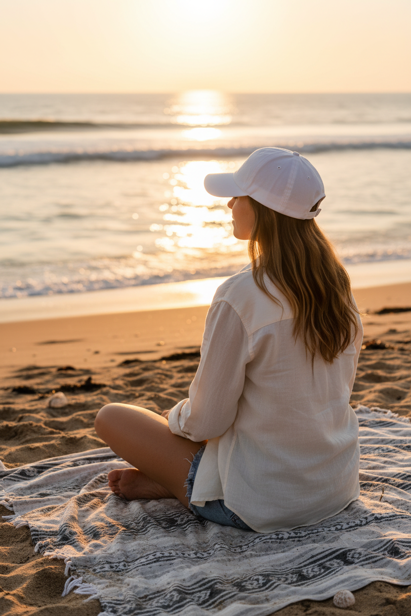 Woman wearing Quiet Tide embroidered dad hat sitting on a beach blanket at golden hour