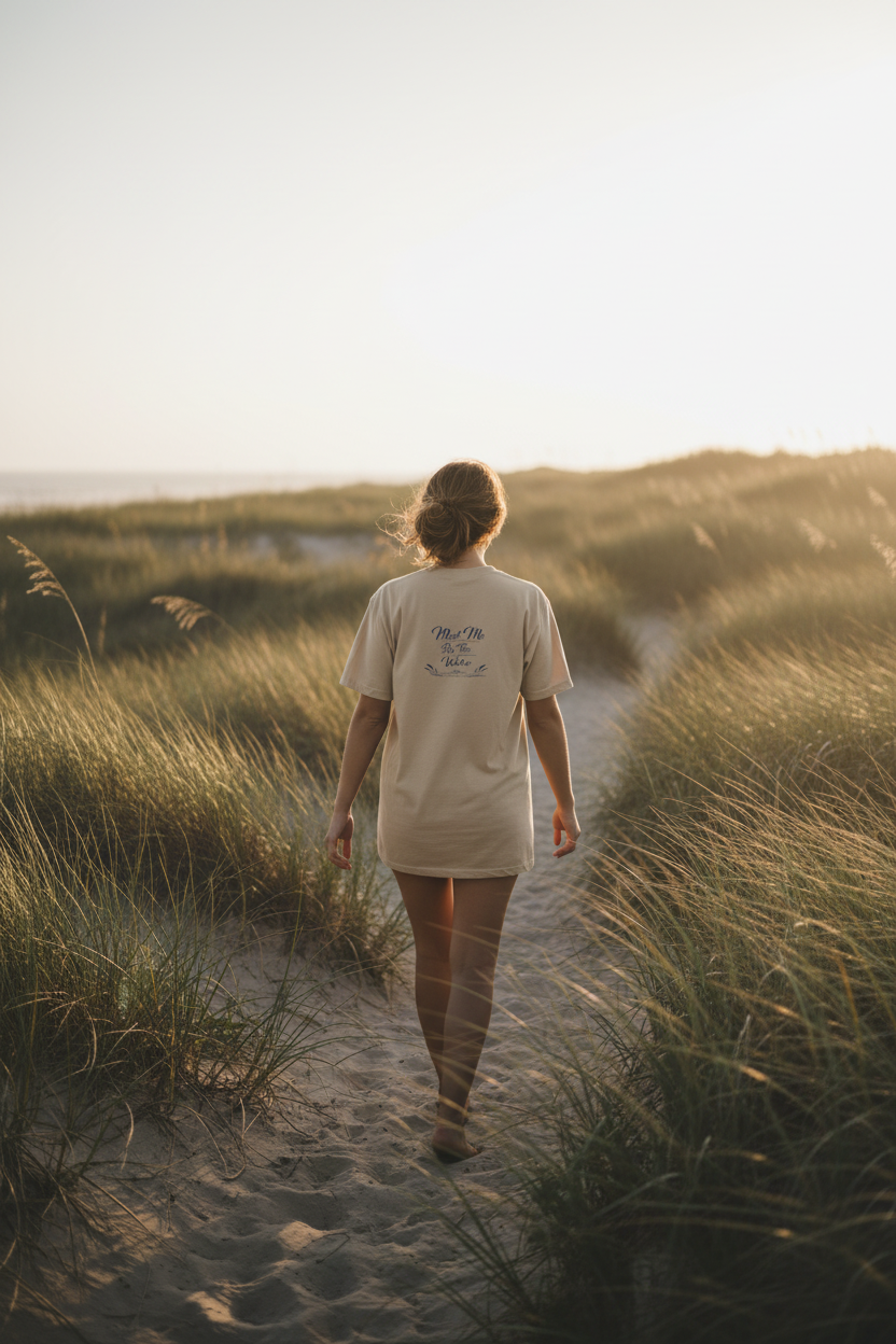 Meet Me By The Water Tee back graphic - walking through sea oats on a dune path