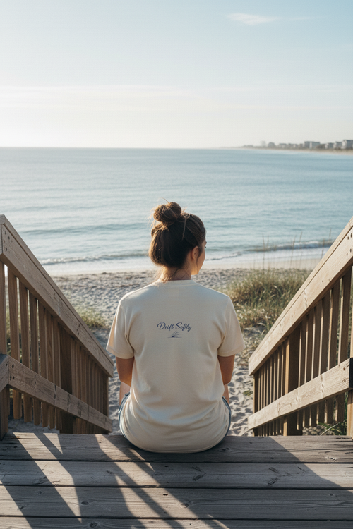 Drift Softly Tee back graphic - beach steps lifestyle