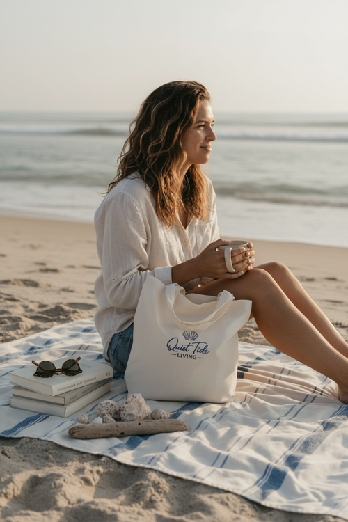 Quiet Tide Embroidered Canvas Tote - beach blanket with books and shells lifestyle shot