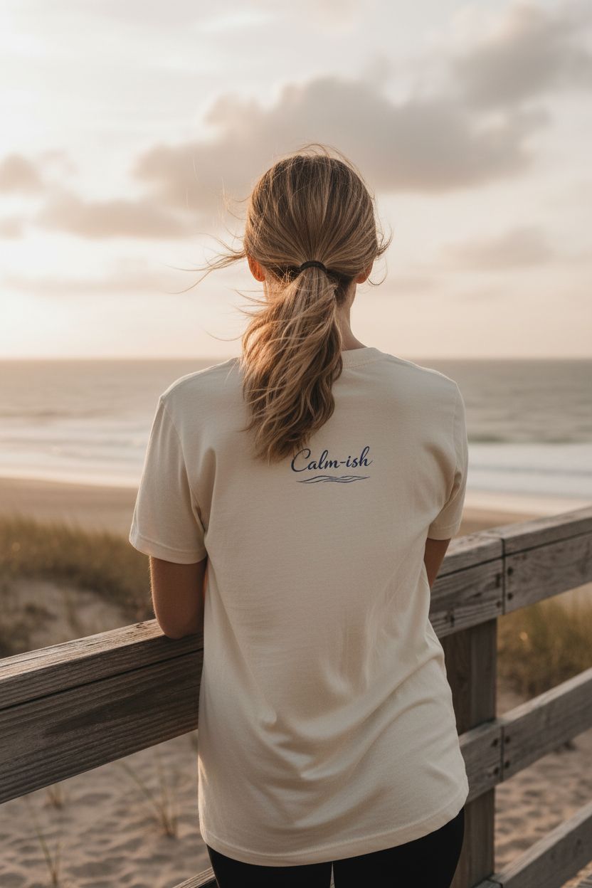 Calm-ish Tee back graphic - leaning on beach railing overlooking ocean
