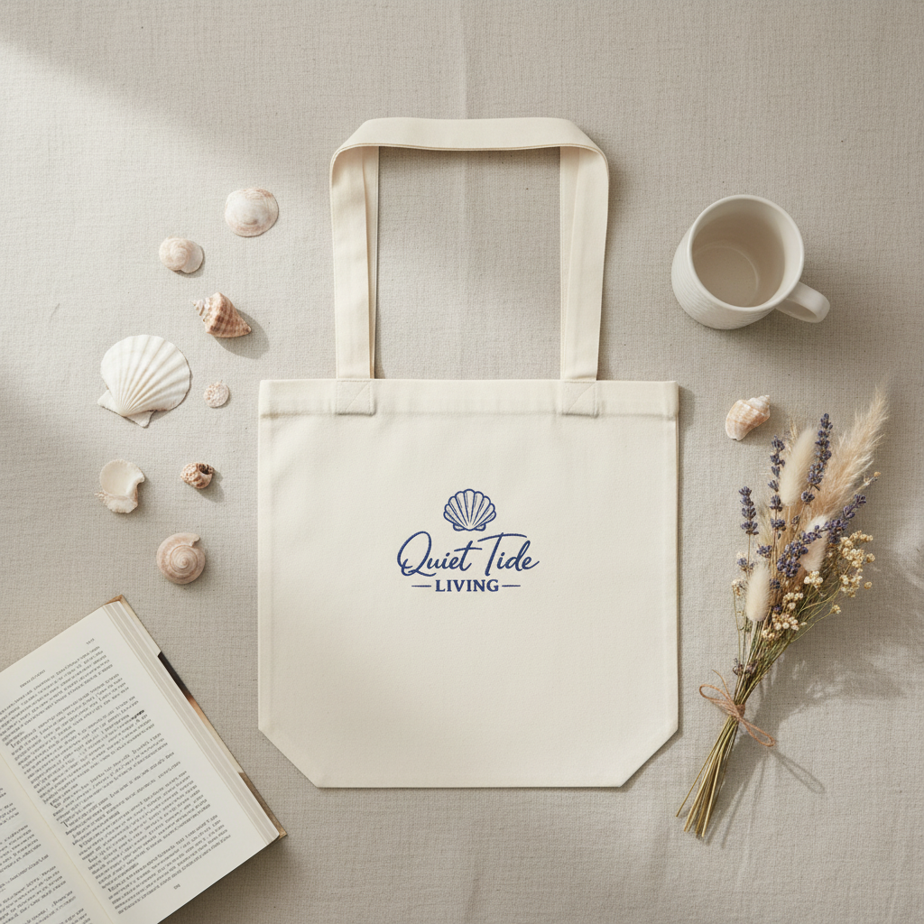 Quiet Tide Embroidered Canvas Tote - coastal flat lay with shells and coffee