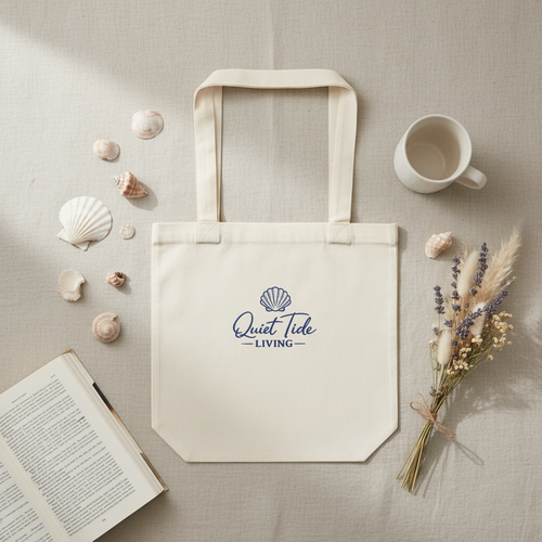 Quiet Tide Embroidered Canvas Tote - coastal flat lay with shells and coffee