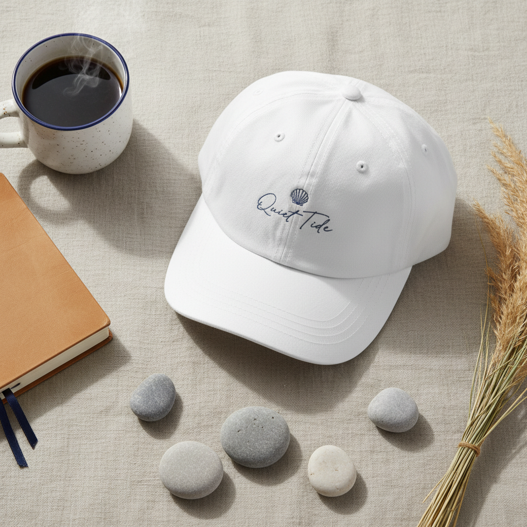 Flat lay of Quiet Tide embroidered dad hat on linen with stones, sea grass, a mug, and a journal