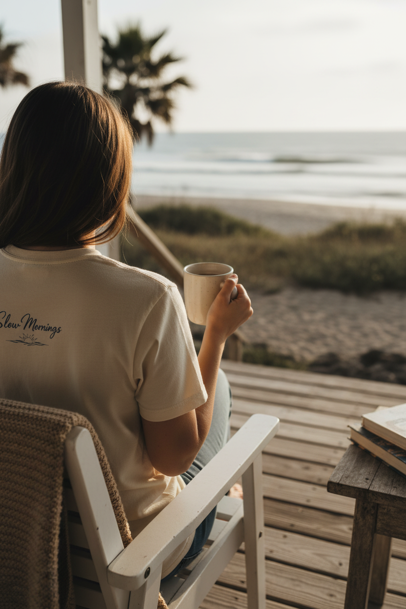 Slow Mornings Tee back graphic - coastal porch with coffee lifestyle shot