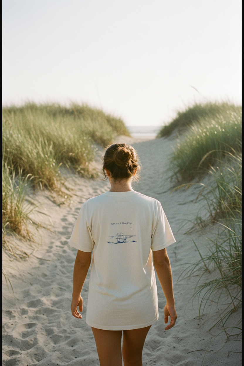 Woman wearing Salt Air & Slow Days Tee from behind, walking down a sandy beach path through tall dunes and sea grass