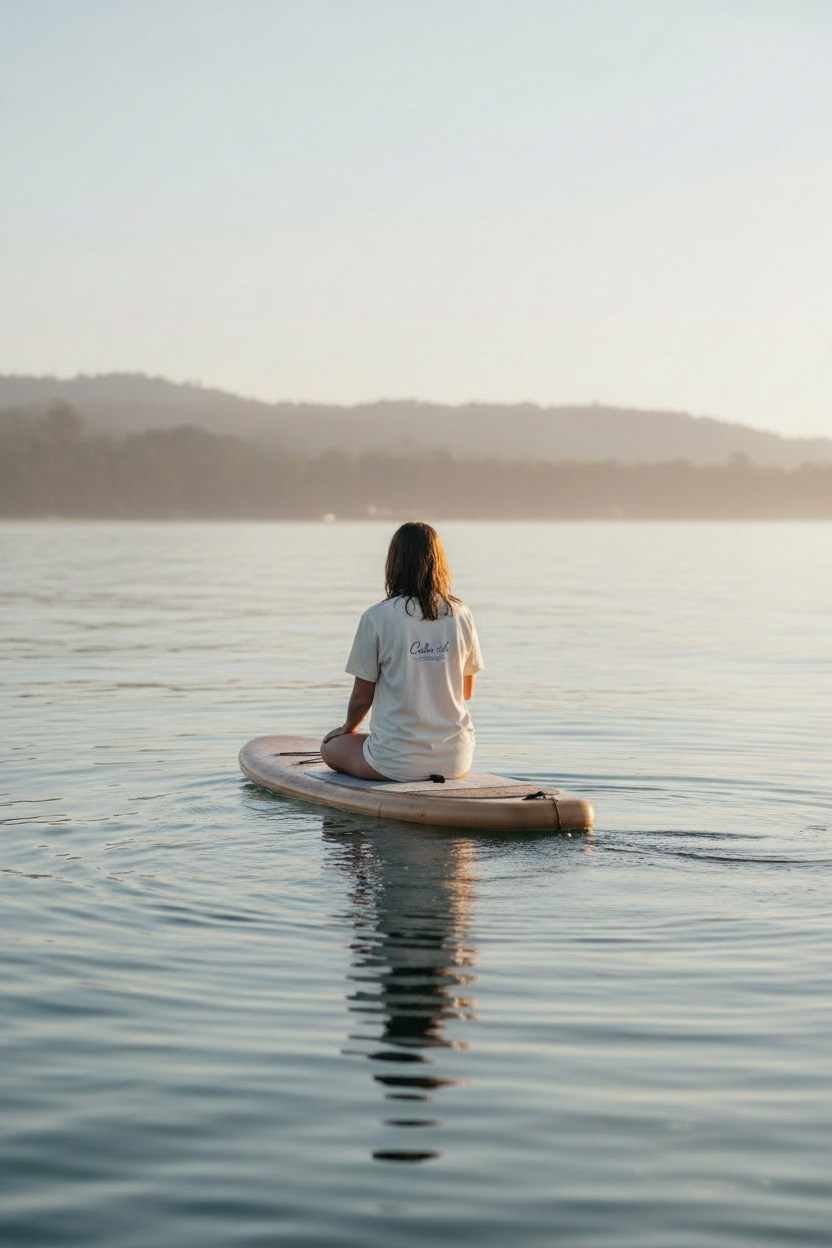 Calm-ish Tee back graphic - paddleboard on glassy water at golden hour