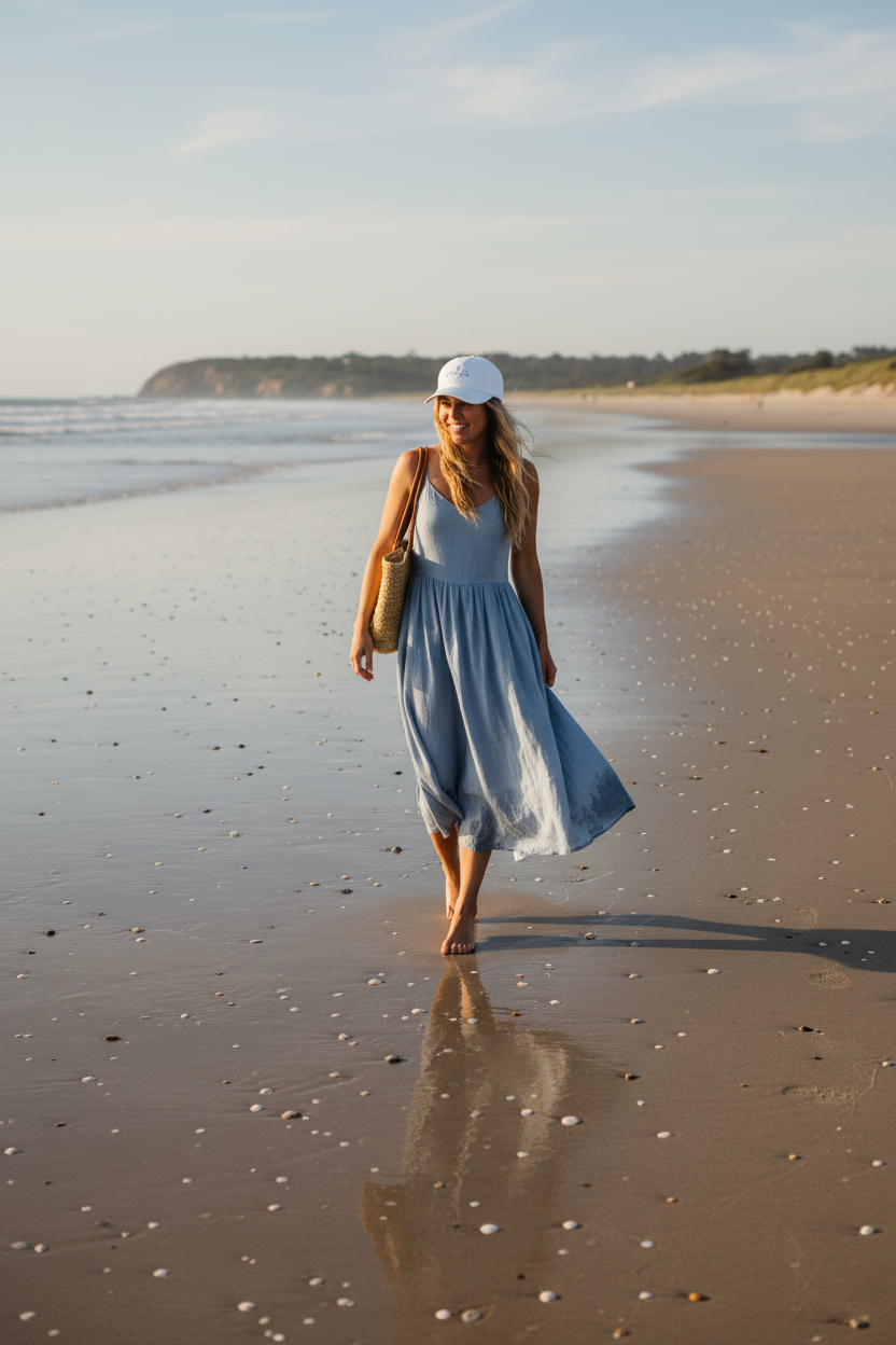 Woman wearing Quiet Tide embroidered dad hat walking barefoot along the shoreline