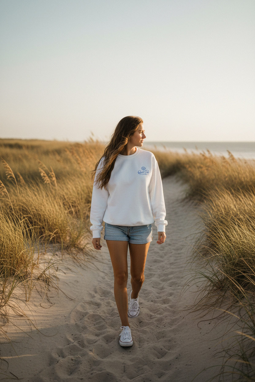 Quiet Tide Embroidered Logo Crewneck - walking dunes at golden hour lifestyle shot