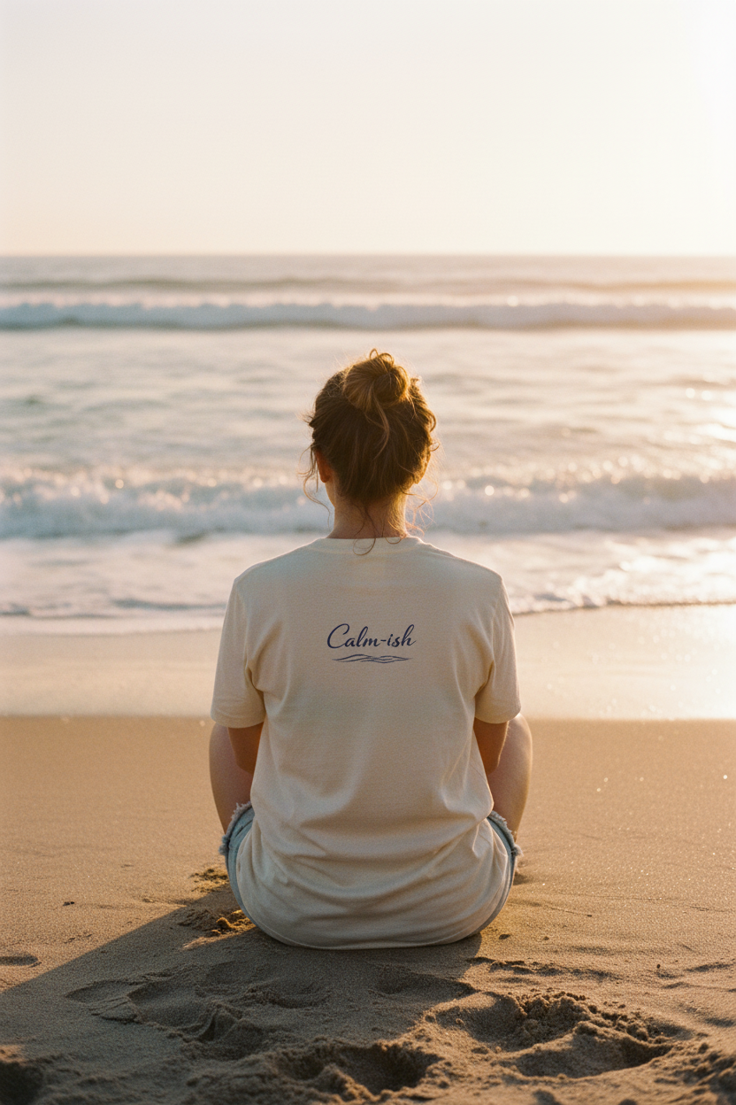 Calm-ish Tee back graphic - sitting on beach watching waves