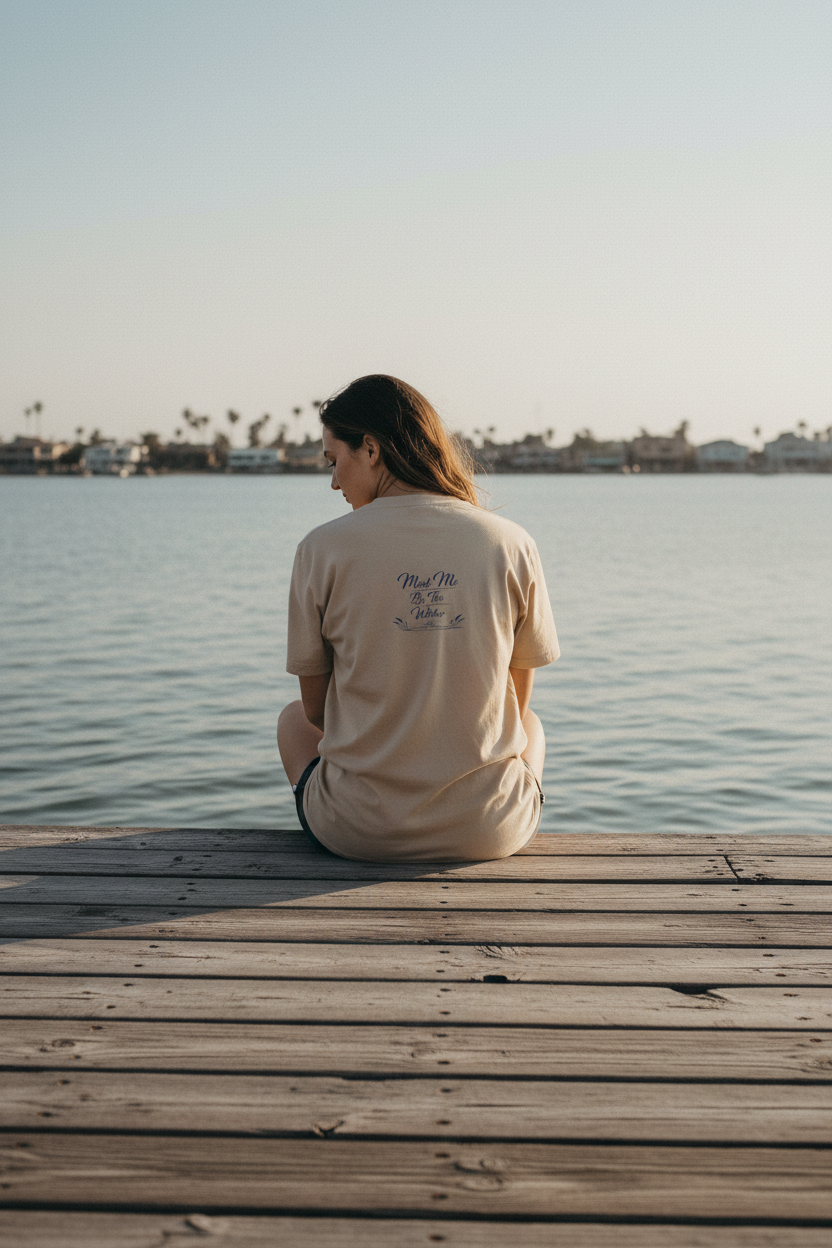 Meet Me By The Water Tee back graphic - sitting on a dock overlooking calm water