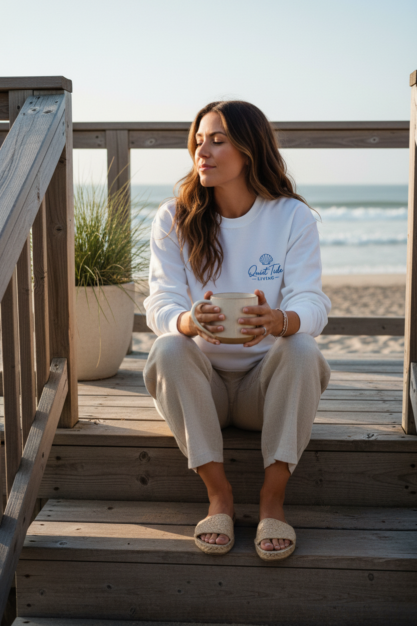 Quiet Tide Embroidered Logo Crewneck - coastal porch with coffee lifestyle shot