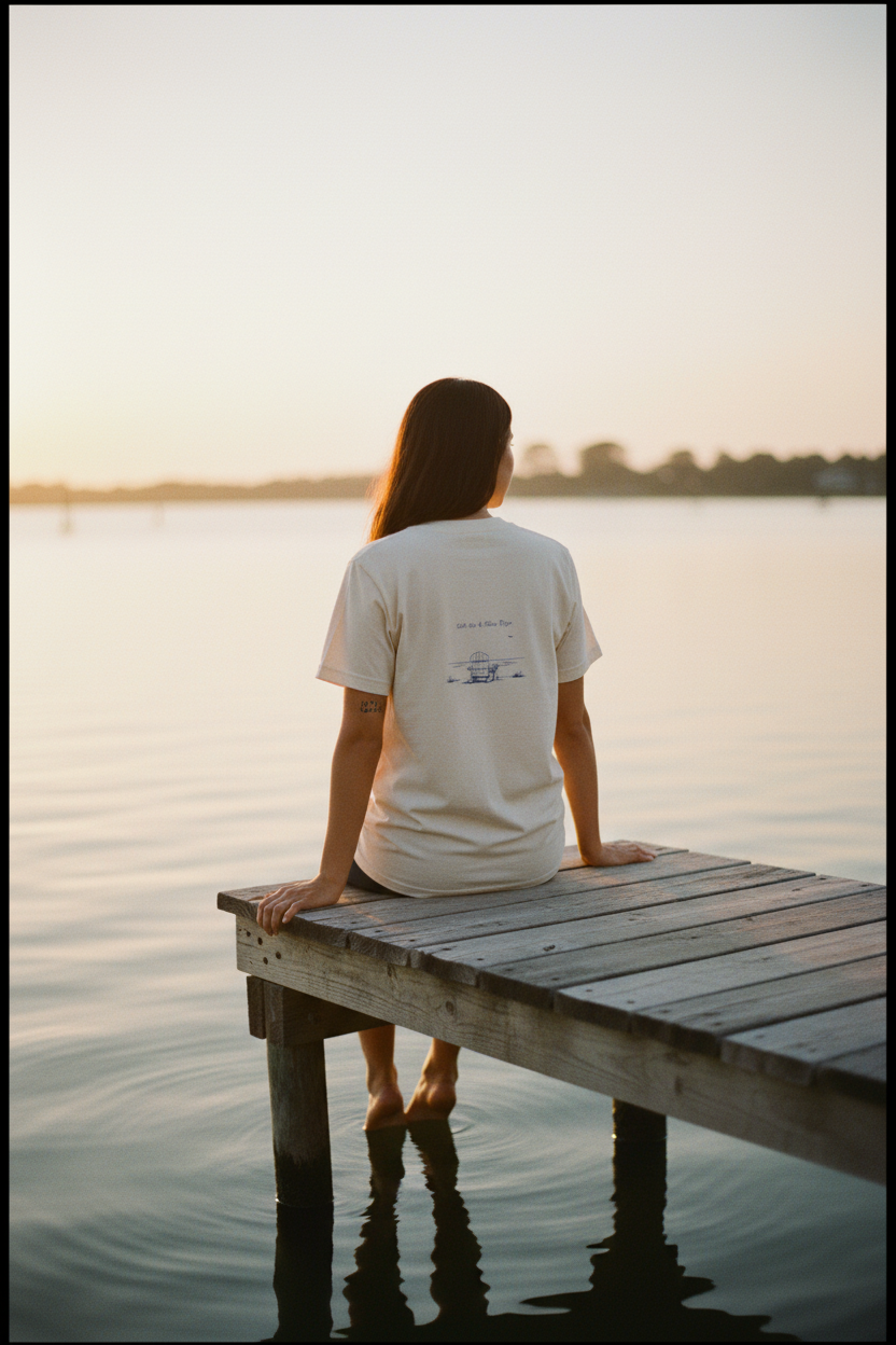 Woman wearing Salt Air & Slow Days Tee from behind, sitting on a wooden dock with legs dangling over calm water at golden hour