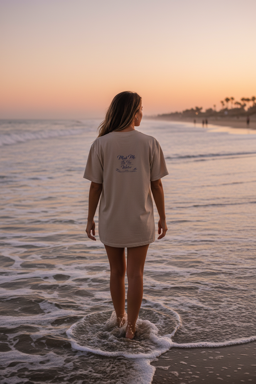 Meet Me By The Water Tee back graphic - standing at water's edge at golden hour